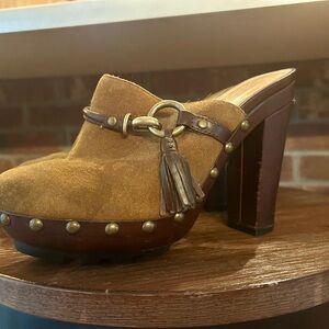 Coach Brown Suede Mules with Tassel and Studs